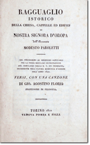 PAROLETTI. Ragguaglio Istorico... di Nostra Signora d'Oropa. 1820