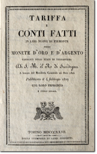 Tariiffa e Conti fatti in Lire Nuove del Piemonte. 1827